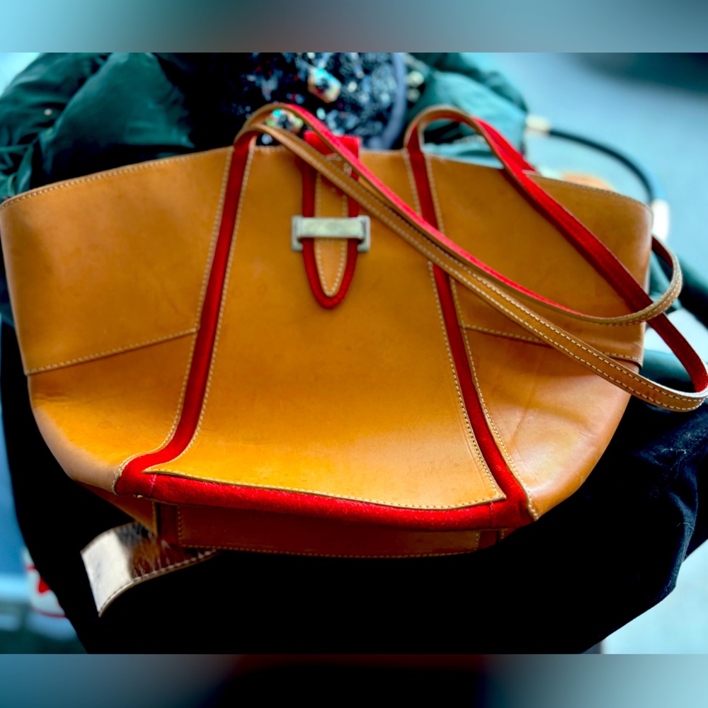 Italian leather bag with red suede trim